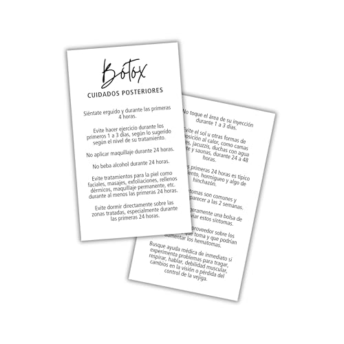 Cartão Botox Aftercare em espanhol | Pacote com 50 cartões de 5 x 8,9 cm | Cartão de cuidados pós-tratamento de botox para clientes, injeção de neurotoxinas, cartões de spa médios, cartões de