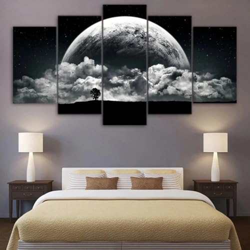Tableau decoration murale terre 5 parties noir et blanc pour salon