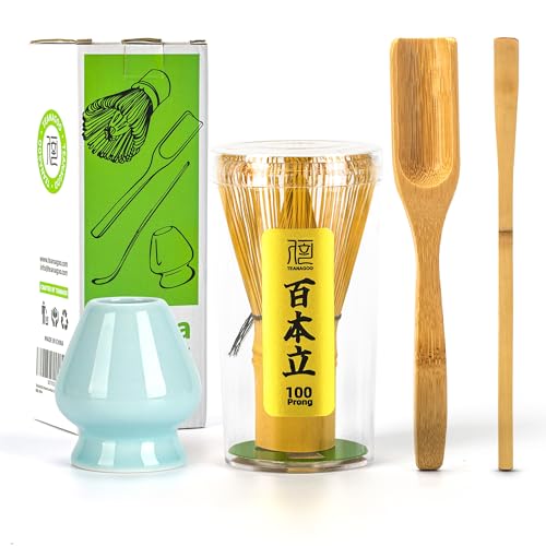 TEANAGOO Matcha Whisk Set, Bamboo Matcha Whisk (Chasen), 4 Pcs Traditional Starter Matcha Set, Scoop (Chashaku) Tea Spoon Whisk Holder, Matcha Accessory, Bamboo Whisk For Matcha Tea (100prongs)