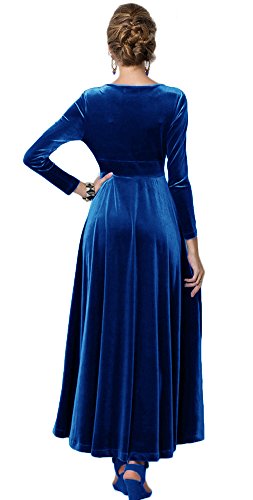 Urban CoCo Women Long Sleeve V-Neck Velvet Stretchy Long Dress (Large, Royal Blue)