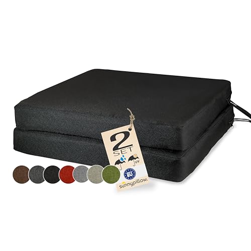 sunnypillow 2er Set Stuhlkissen 40 x 40 cm wasserdicht UV-lichtecht 7cm dick - Outdoor Polsterauflage mit Bändern - Auflage für Stühle,Bänke - Sitzkissen Stuhlauflage für Haus und Garten - Schwarz
