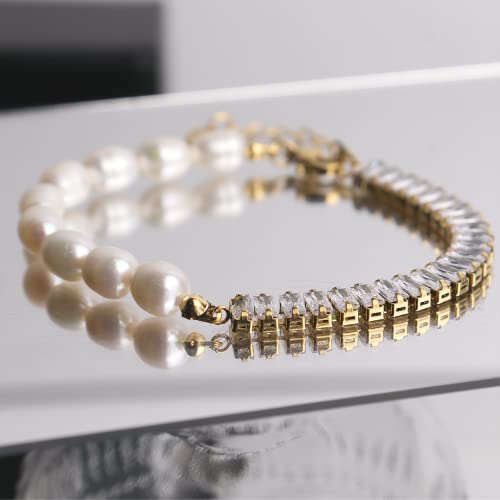 Agriajun Gold Pearl Tennis Bracelet For Women Teen Girls - Elegant Charm Half Freshwater Pearl Half Baguette Rhinestone Cubic Zirconia Link Chain Fashion Bracelets Jewelry Gift #TOP4