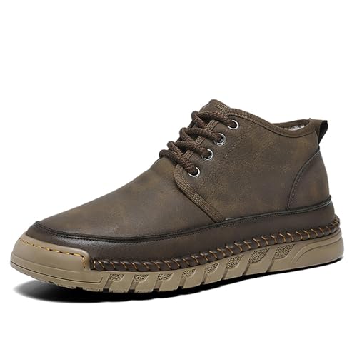 Men'S Genuine Leather Handmade Chukka Boots Autumn Winter Lace-Up Fur-Lined Comfortable Warm Booties Casual Outdoor Non-Slip High-Top Sports Shoes