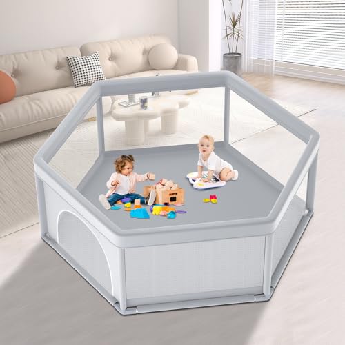 Image of XVISHX 65x65 Inch Hexagonal Baby Playpen, Playpen for Babies and Toddlers, Baby Play Pen Playard for Indoor & Outdoor Active Center Game Fence, with Skin-Friendly Fabric and Soft Breathable Mesh