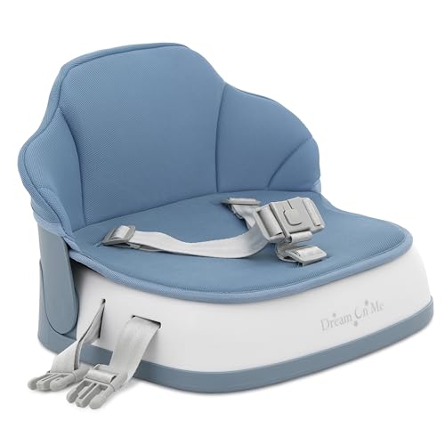 Image of Dream On Me Cozy Pod Baby Booster Seat for 6-36 Months, Portable Travel Booster Chair with 3-Point Safety Harness & 2 Fixing Belts, for Table & Dining, Lightweight Foldable & Easy to Carry - Blue