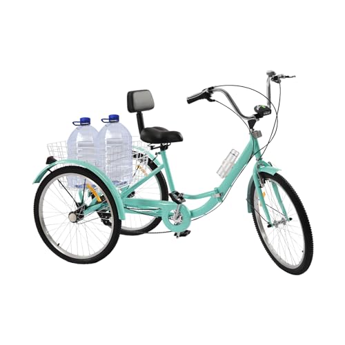 Faltbar Dreirad für Erwachsene, 24 Zoll 7 Gang Lastenfahrrad, 3 Räder Fahrrad Erwachsene mit Einkaufskorb, City Einkauffahrrad Cargo-Bike für Erwachsene Senioren und Frauen Höhenverstellbar (Türkis)