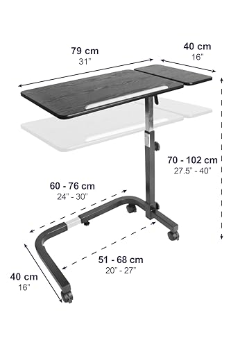 KMINA - Overbed Table with Wheels Adjustable Height, Wheelchair, Tilt Top Bedside, Hospital Over Bed, Home Use (Black)