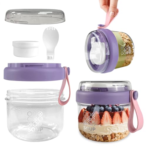 xyuayamz Overnight Oats Jar, Porta Yogur, Portátil Taza de Cereales con Caja y Cuchara, Vasos Yogurtera con Tapa para Guardar Avena, Yogur, Fruta, Desayuno, Salad To Go, 650 ml, Morado