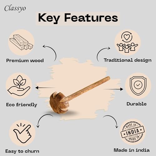 Image of Classyo Wooden Buttermilk Churner, Wooden Madhani, Whisk Beater, Madani for Buttermilk Lassi and Butter (12 inch)
