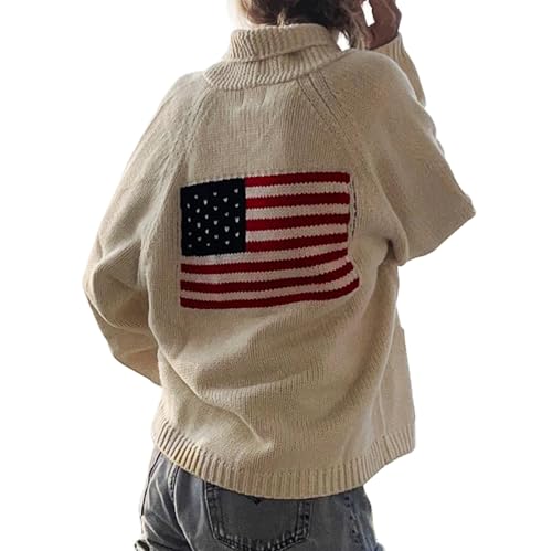 Image of Women American Flag Cardigan Sweaters Y2k Long Sleeve Open Front Button Down Cardigans USA Flag Knitwear