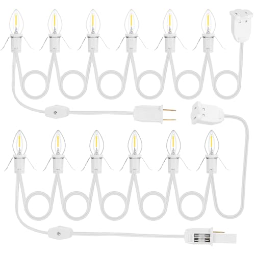 2Pack Accessory Cord with 12 LED Light Bulbs and Outlet Christmas Village Light 11.6FT White Cord with Spare Fuse Warm White C7 Lamp for Halloween Pumpkins Christmas Village Houses Craft Decoration