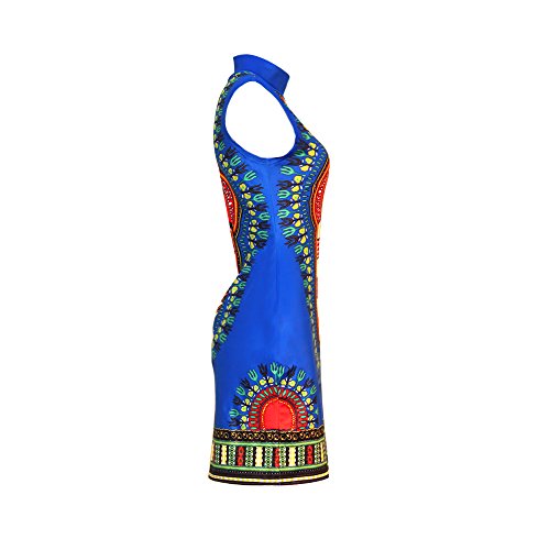 SheKiss Women Traditional African Print Dashiki Bodycon Sleeveless High Collar Dress Blue