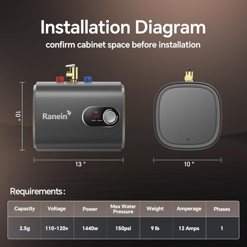 2025 Gen II Ranein 2.5-Gallon Electric Mini-Tank Water Heater, 120V, 1440W Instant Hot Water for Point-of-Use, Quick and Easy Installation, Compact Under-Sink or RV Design, Floor Mounting