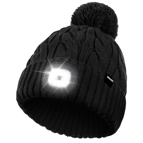 Wmcaps Mütze mit LED Licht Damen, Wiederaufladbare Type-C Strickmütze Bommelmütze mit 4 LED-Lichtern, Pudelmütze Leuchtmütze mit Lampe, Geschenkte Geschenk für Männer...