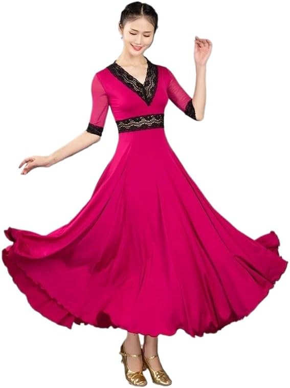 HEARTTOUCH Women's Long Ballroom Dance Dress Swing Skirt Modern Waltz Tango Dresses for Dance Competition Performances Events