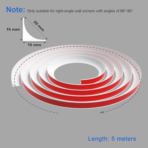 5 Meters White PVC Quadrant Trim, Self Adhesive Flexible Moulding Trim, Plastic Coving for Ceilings, Quarter Round Caulk Strip, Floor Edging Beading for Tile, Wall Corner, Laminate Flooring, Cabinet - Image 4