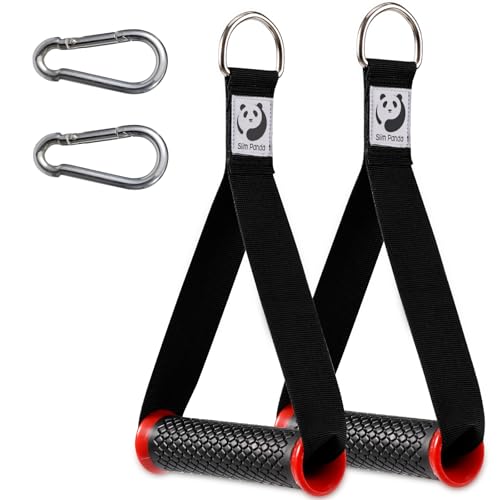 Slim Panda Mango de Resistencia, 2 Piezas Nylon Agarres para Gym Set, Agarres Poleas Gym para Entrenamientos en Polea, Estación de Polea de Cable o Torre de Pesas, Rojo+Carabiners