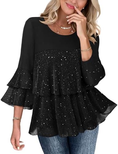 Womens Sparkly Peplum Tops Flowy Layering 3/4 Sleeve Ruffle Sequin Blouses Glitter Cocktail Party Evening Shirts