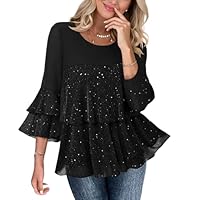 Sequin Shirt for Women 3/4 Ruffle Sleeve Tunic Top Sparkly Flowy Blouses Crewneck Tops Blouse Evening Club Shirts Black