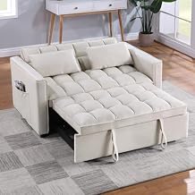 DUHOME 3 in 1 Convertible Sleeper Sofa Bed,Modern Loveseat, 55.3Inch Couch Velvet Pull Out Bed with Reclining Adjustable Backrest&2 Pillows and Pockets for Living Room, Small Space,Beige