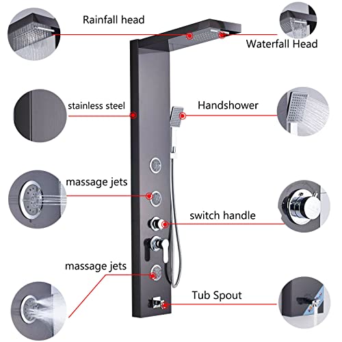 Panel de ducha de torre en acero inoxidable con sistema de lluvia y cascada, grifo de 5 funciones y masaje corporal con chorros miniatura 2