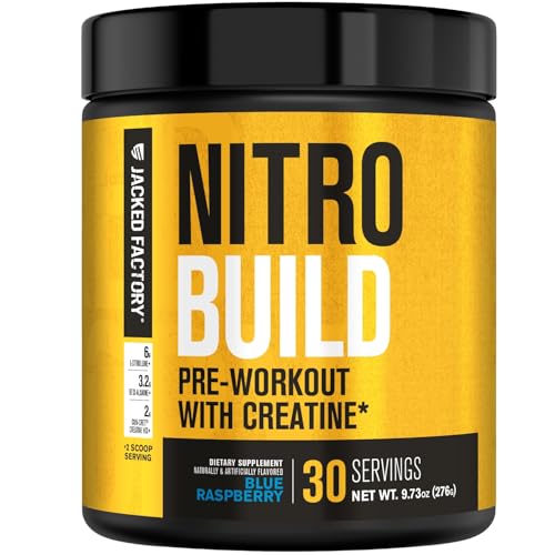 Jacked Factory Nitrosurge Build Pre Workout with Creatine for Muscle Building - Con Cret Creatine Powder & elevATP for Intense Energy, Powerful Pump, & Endless Endurance - 30 Servings, Blue Raspberry
