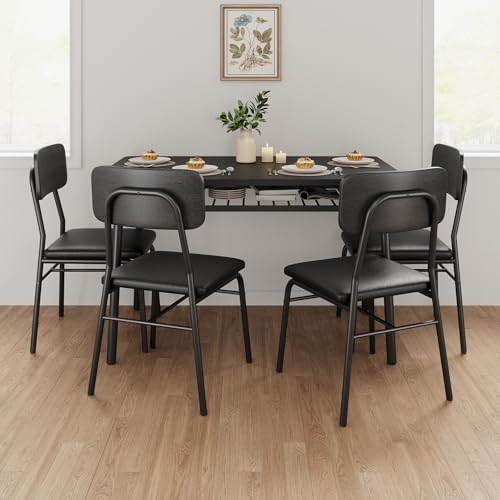 GarveeHome Dining Table Set for 4 with Storage Rack, 5-Piece Kitchen Table and Upholstered Chairs of 4, Wood Tabletop & Heavy-Duty Metel Frame, Dining Room Set for Small Space, Apartment, Black