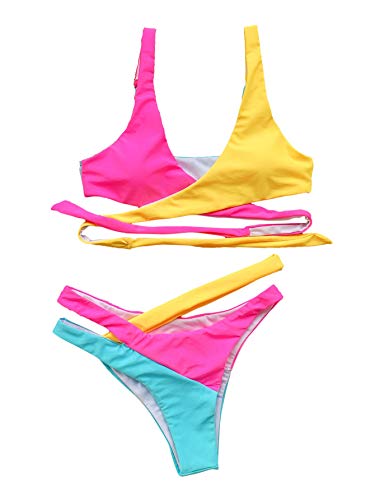 SOLY HUX Women s Criss Cross Wrap Tie Back Color Block Bikini Set 2 Piece Swimsuits Pink Yellow M