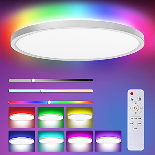 Plafoniera LED con telecomando, 24W 3000K-6000K dimmerabile, plafoniera impermeabile IP54, con retroilluminazione 7 RGB, adatta per bagni, cucine, lobby, camere da letto, camere per bambini