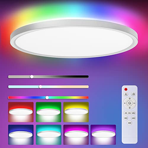 CGSGDK Plafonnier LED avec télécommande, 24w 3000K-6000K Dimmable, Plafonnier IP54 étanche avec 7 RGB Backlight pour salle de bain, Cuisine, hall, chambre, Chambre enfant, Balcon, salle de jeux.