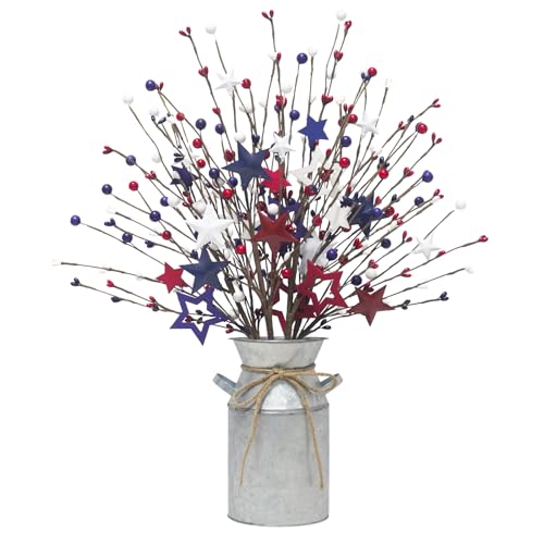 Uieke 4 Pcs 4th of July Decorations Patriotic Artificial Berry Stems Picks with Vase Red White Blue Star Shaped Berries Picks for Independence Day Party Supplies Table Home Office Party Decor