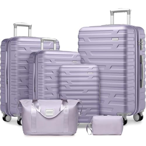Luggage Sets 6 Piece with Duffel Bags, Hardside Expandable Suitcases with Spinner Wheels TSA Lock, Black (Lavender)