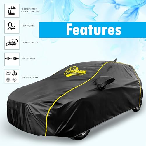 Image of Waterproof Car Body Cover Compatible with Toyota Glanza Car with Mirror & Anteena Packets Dust Proof & Belt with Elastic Black Colour & Yellow Piping Style