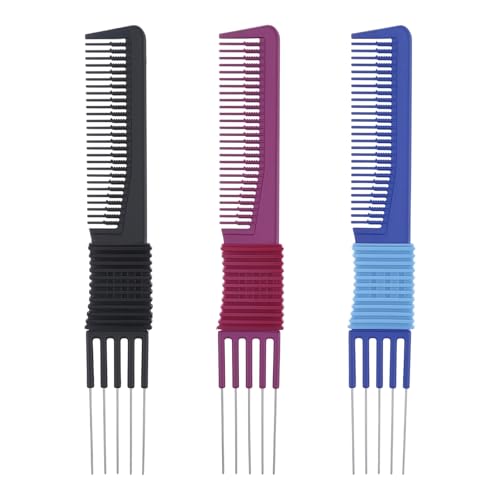 ZEYIYER 3PCS Comb with Prong, Lift Teasing Comb with Metal Pick, Hair Styling Combs for Women Men, Backcombing Combs for Fine Hair, Salon (Blue, Black, Purple)