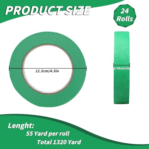 Image of 24 Rolls Green Painters Tape Bulk 1 inch x55Yards, Total1320 Yards, Painters Masking Tape No Residue Wall Painting Tape Artist Tape Trim Edge Finishing Tape for Wall Painting Decoration DIY Supplies