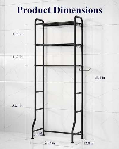 Image of Kitsure Over Toilet Storage Rack, 63.2 inch H Space-Saving, Holder & Hooks | Bathroom, Laundry Room, Small Spaces, Families, Durable Metal, Black, 3 Tier