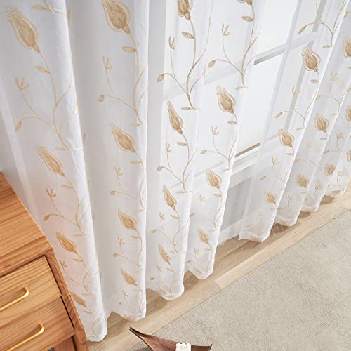 Image of Floral Embroidery Beige Sheer Curtains 84 Inches Long, Rod Pocket Sheer Drapes for Living room, Bedroom, 2 Panels, 52 inchx 84 inch, Semi Crinkle Voile Window Treatments for Yard, Patio, Villa, Parlor.