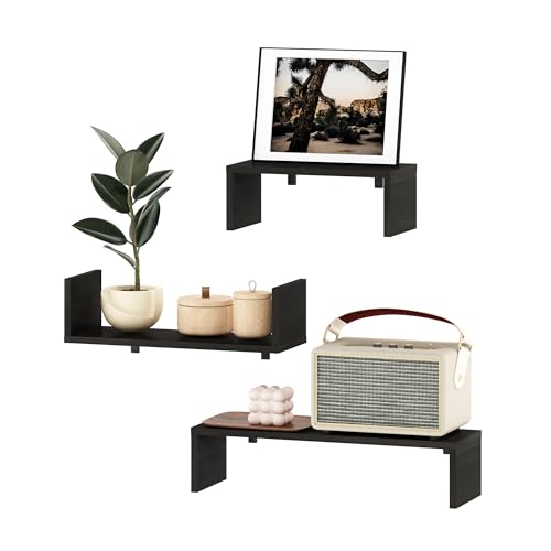 Image of Furinno Rossi Bedroom Decor Wall Mounted Floating Display Shelves with Invisible Brackets, Set of 3, Espresso | 11.7 inch, 15.7 inch, 18.9 inch Width, U-Shape Rectangular Wall Shelf Set, Wall Mounted Shelves, for Bathroom, Home Office, Living Room