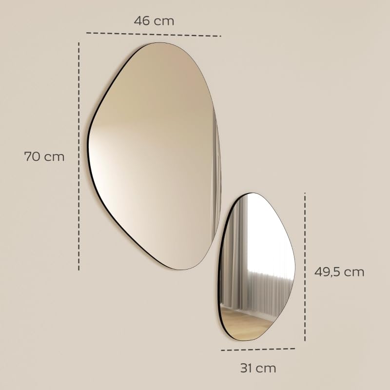 Set di 2 specchi da parete, 70 x 46 cm, 49,5 x 31 cm, specchio da finestra con cornice in metallo, specchio da appendere a forma di ciottolo, nero