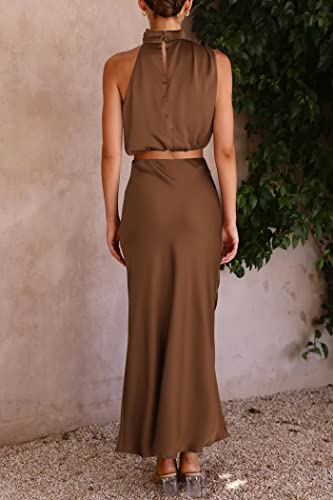 Prettygarden Women's 2 Piece Satin Outfits Summer Sleeveless Mock Neck Crop Tops And Long Skirt Dress Sets (Khaki,Medium) #TOP3