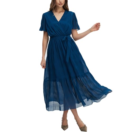 Image of Women's Summer Bohemian Floral Chiffon Dress Cap Sleeve V Neck Ruffle Long Flowy Boho Casual Vacation Dresses
