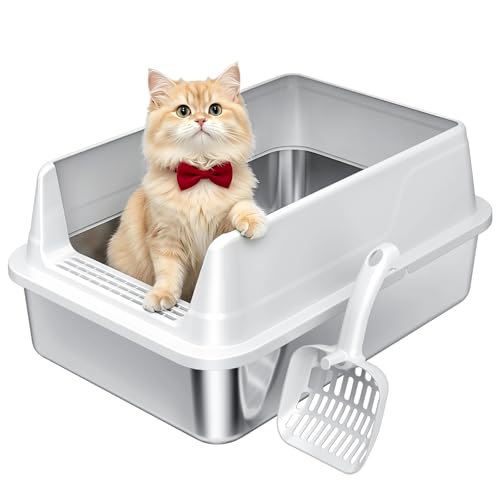 Tevila Stainless Steel Litter Box with High Sides, Small Metal Litter Box for Kittens & Senior Cats,...