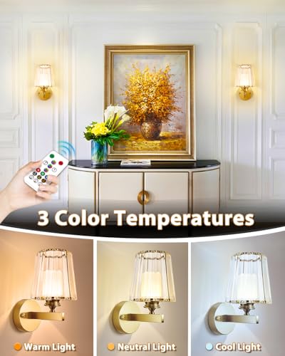 Image of Adetu 10.4 Inch Crystal Wall Sconces Set of 2, Battery Operated Wall Sconce | 10000mAh Magnetic Bulbs and Remote, 5%-100% Dimmable, RGB Rechargeable Wall Lights for Bedroom Living Room Hallway Deco