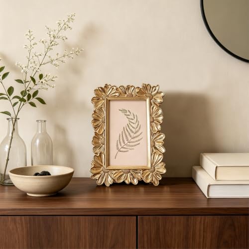 Image of Antique Floral Picture Frame - Resin & Glass Victorian-Style Frame for Tabletop or Wall Decor (Gold, 3 inch x 5 inch)
