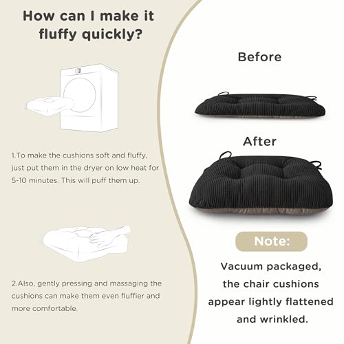 Image of AddGrace Chair Cushions for Dining Chairs Soft Kitchen Seat Cushions 18 inch x 18 inch x 3 inch Non-Slip Seat Pads Black Set of 2
