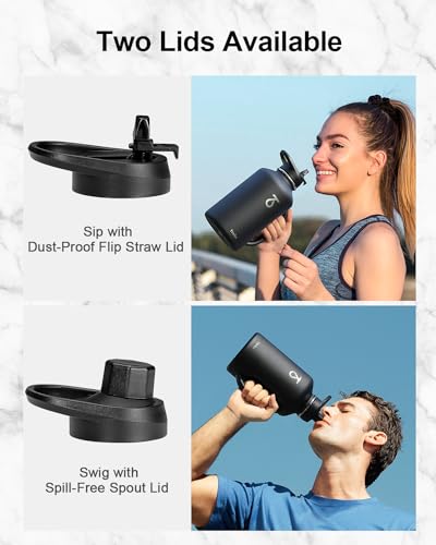 Trebo Half Gallon 64oz Water Bottle with Handle,Double Wall Vacuum Insulated Large Water Jug,Stainless Steel Water Bottle Flask,Gym Water Bottles For Men with Straw Spout Lids Strap,Black