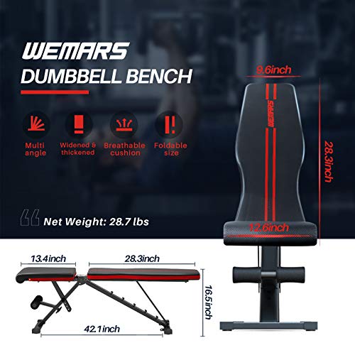 WEMARS Adjustable Weight Bench, Foldable Utility Workout Bench for Home Gym, Incline Decline Strength Training Benches for Full Body Workout with 2 Resistance Bands