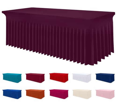 Image of Smiry Spandex Elastic Fitted Table Cloth Skirt for 6FT Rectangle Table | Stretch Washable Table Cloth, Banquet Table Cover for Wedding, Party, Indoor & Trade Shows, (Jujube Red, 72Lx30Wx30H)