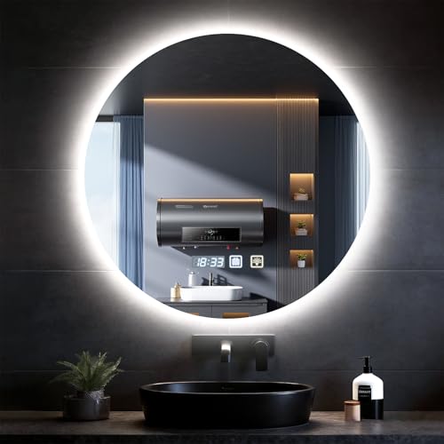 wowspeed Miroir de Salle de Bain Rond avec éclairage 60 cm, Design à Double Anneau, Miroir de Salle de Bain Rond éclairé avec Horloge, LED, intensité...
