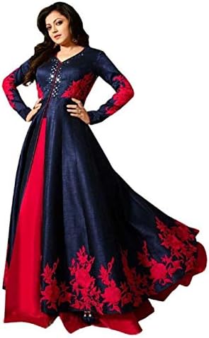 Mert India Women'S Banglori Silk Embroidered Semi-Stitched Long Salwar Suit With Dupatta (2213, Blue)